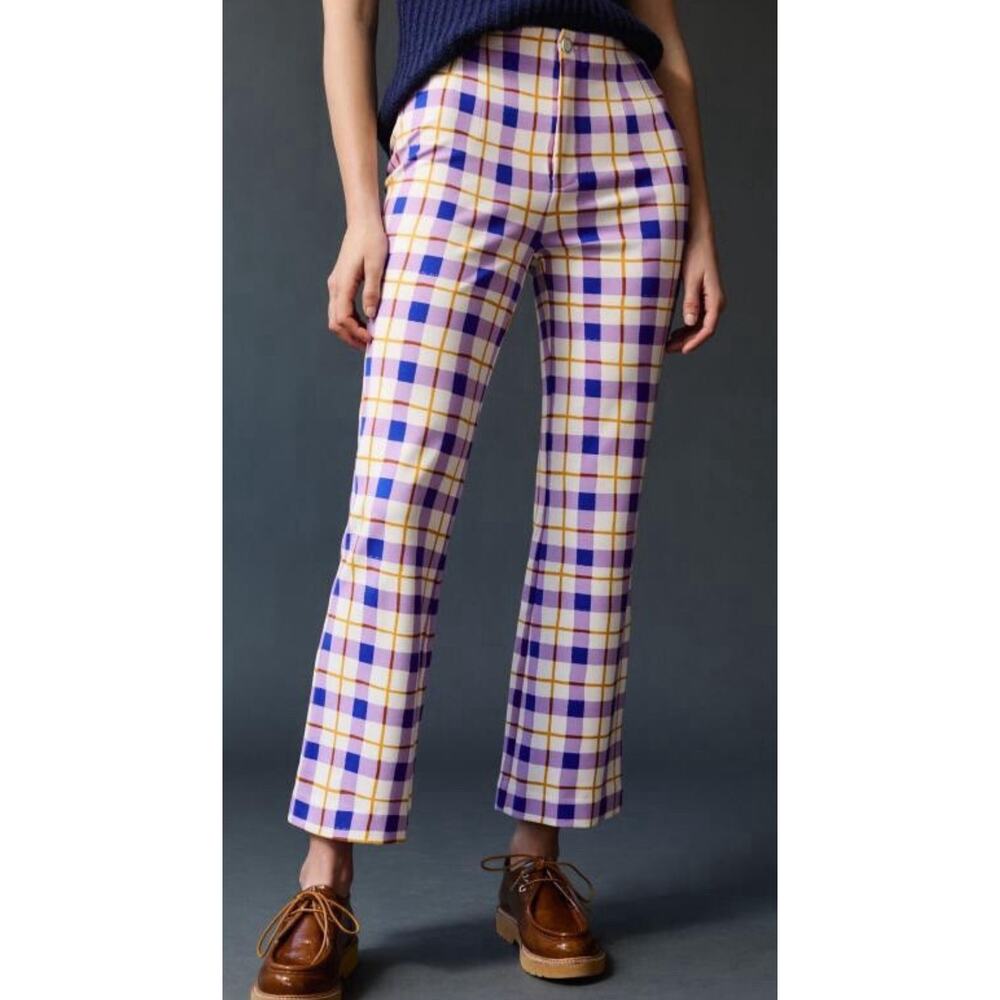 Maeve Lavender Plaid Straight-Leg Pants